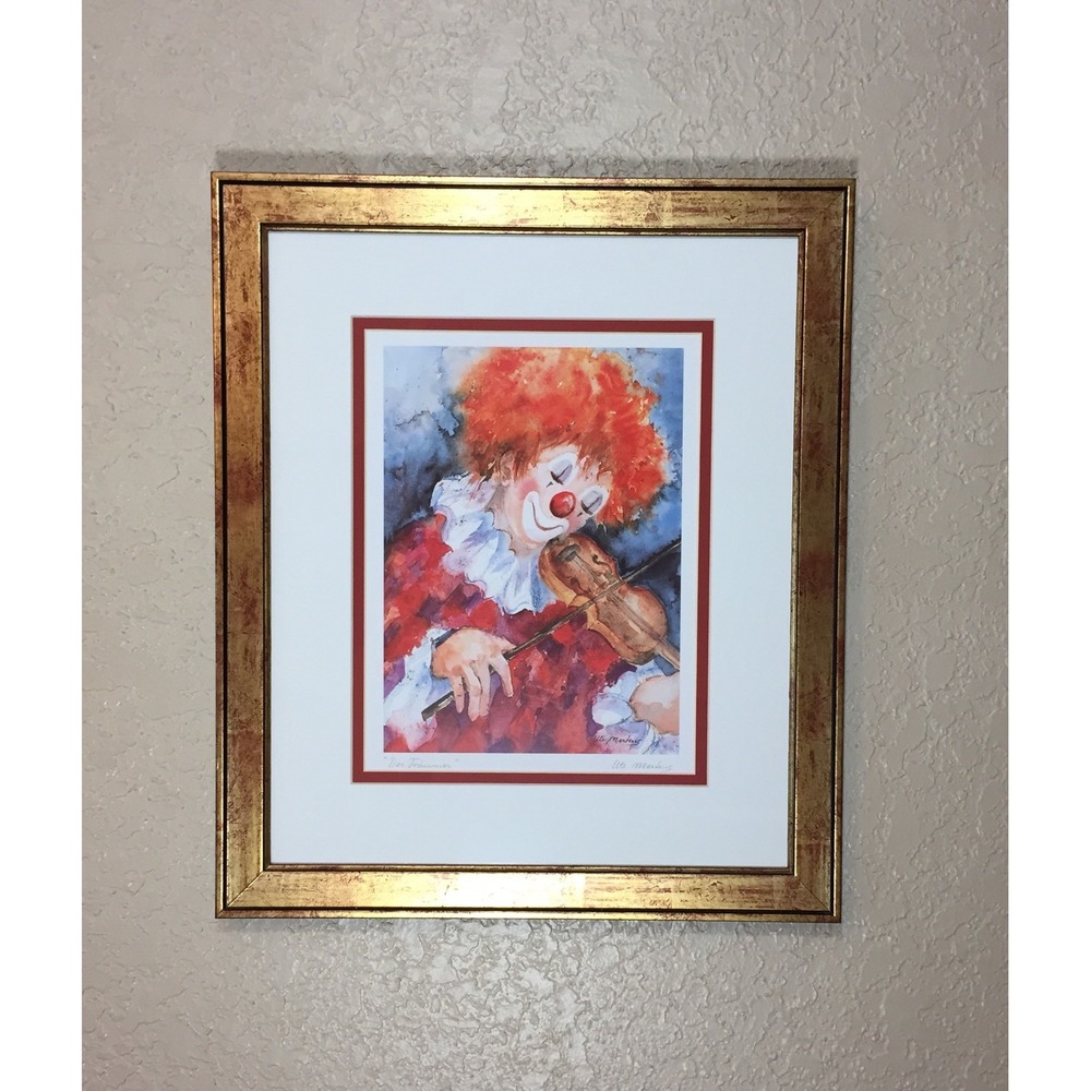 Ute Mertens Der Traumer Clown Violin Watercolor Print Framed 21.25x18 Gold Frame